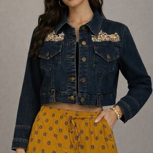 B MINE Studded Embroidered Cropped Denim Midriff Baddie Jacket